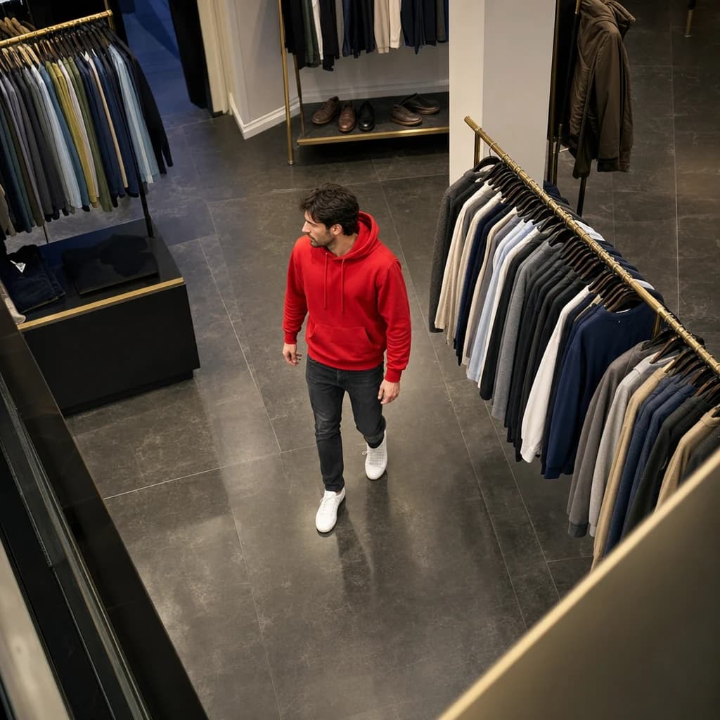A shopper in a red hoodie walking between clothing racks.
