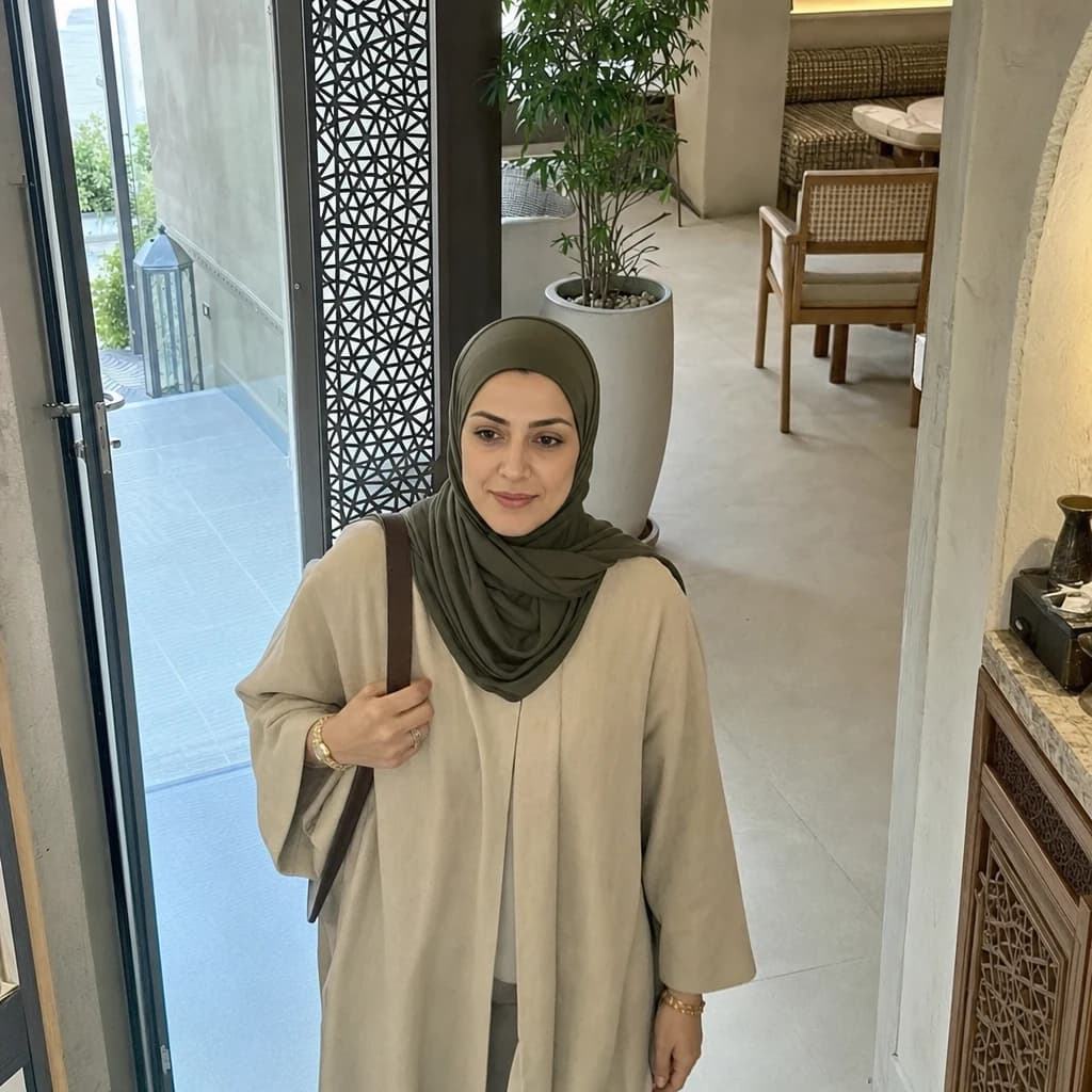 A woman in an olive hijab entering a cafe, her face clearly visible to the camera.