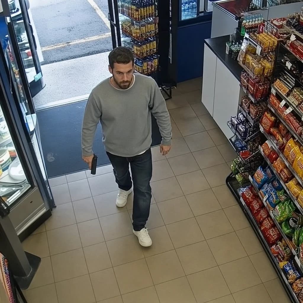 An adult entering a convenience store with a handgun held at his side.