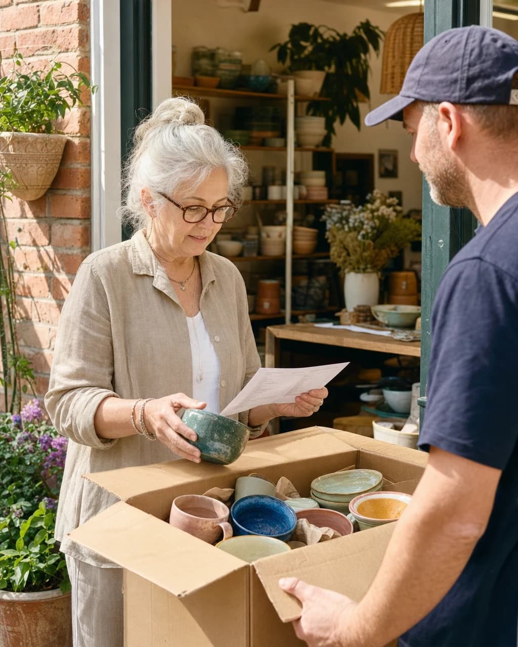 A homewares shop owner checking a ceramics delivery against a paper purchase order.