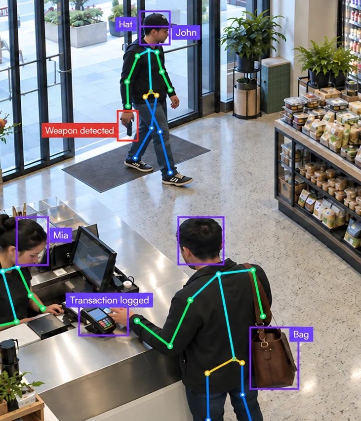 Store camera view with person boxes, pose skeletons, and safety and transaction detection labels