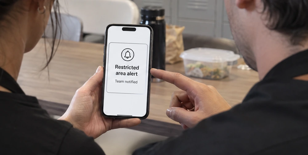 Two coworkers reading a restricted area alert on a phone from over their shoulders