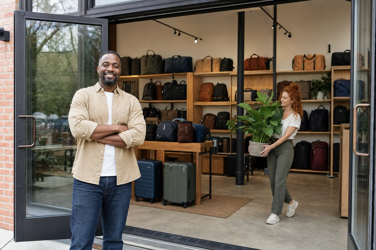 A luggage-store owner and colleague setting up a newly expanded shop.