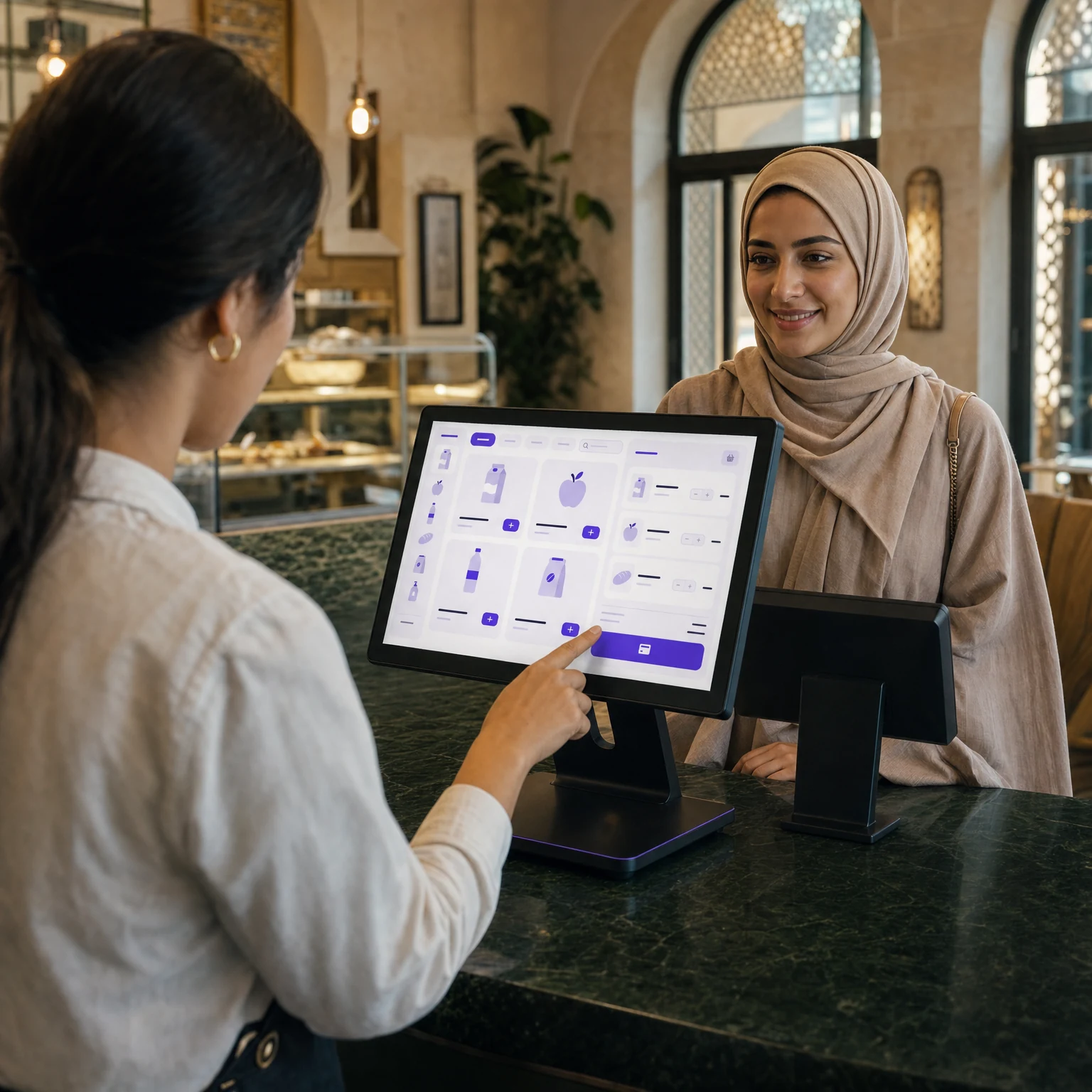 A cafe cashier entering an order on the POS, with the paired customer display facing the customer.