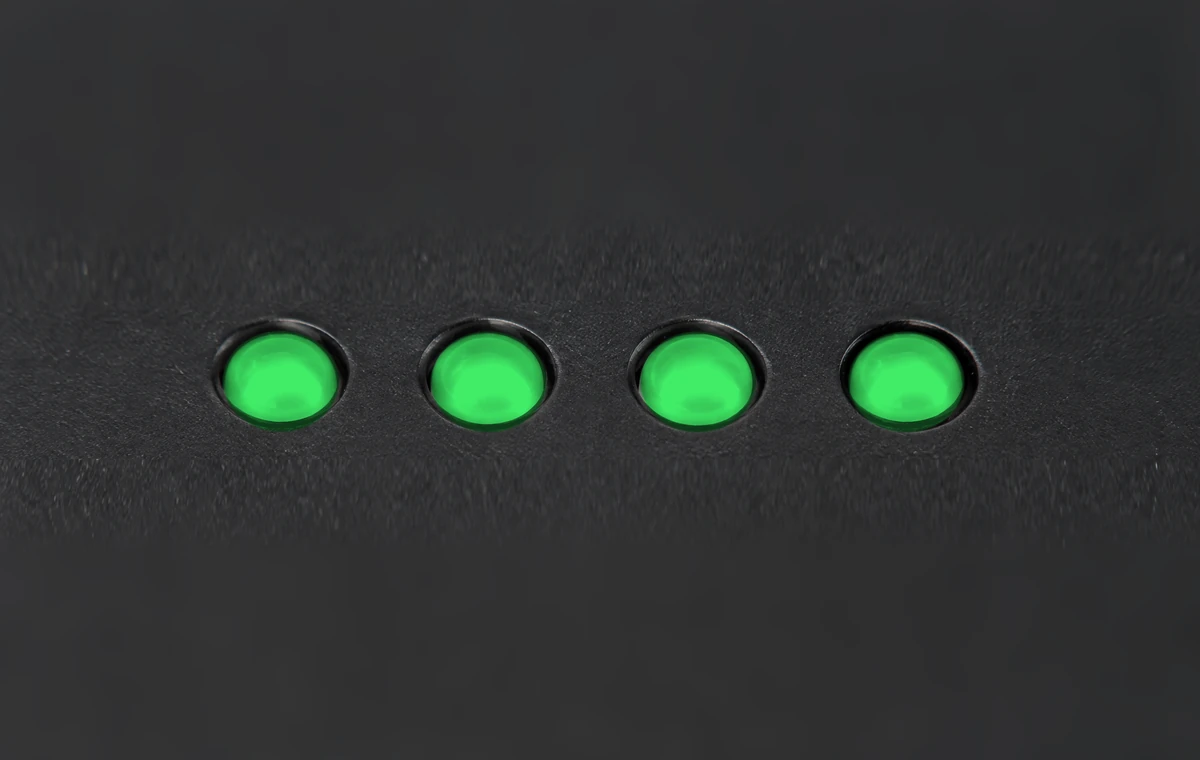 A macro view of the card reader's four battery indicator lights.