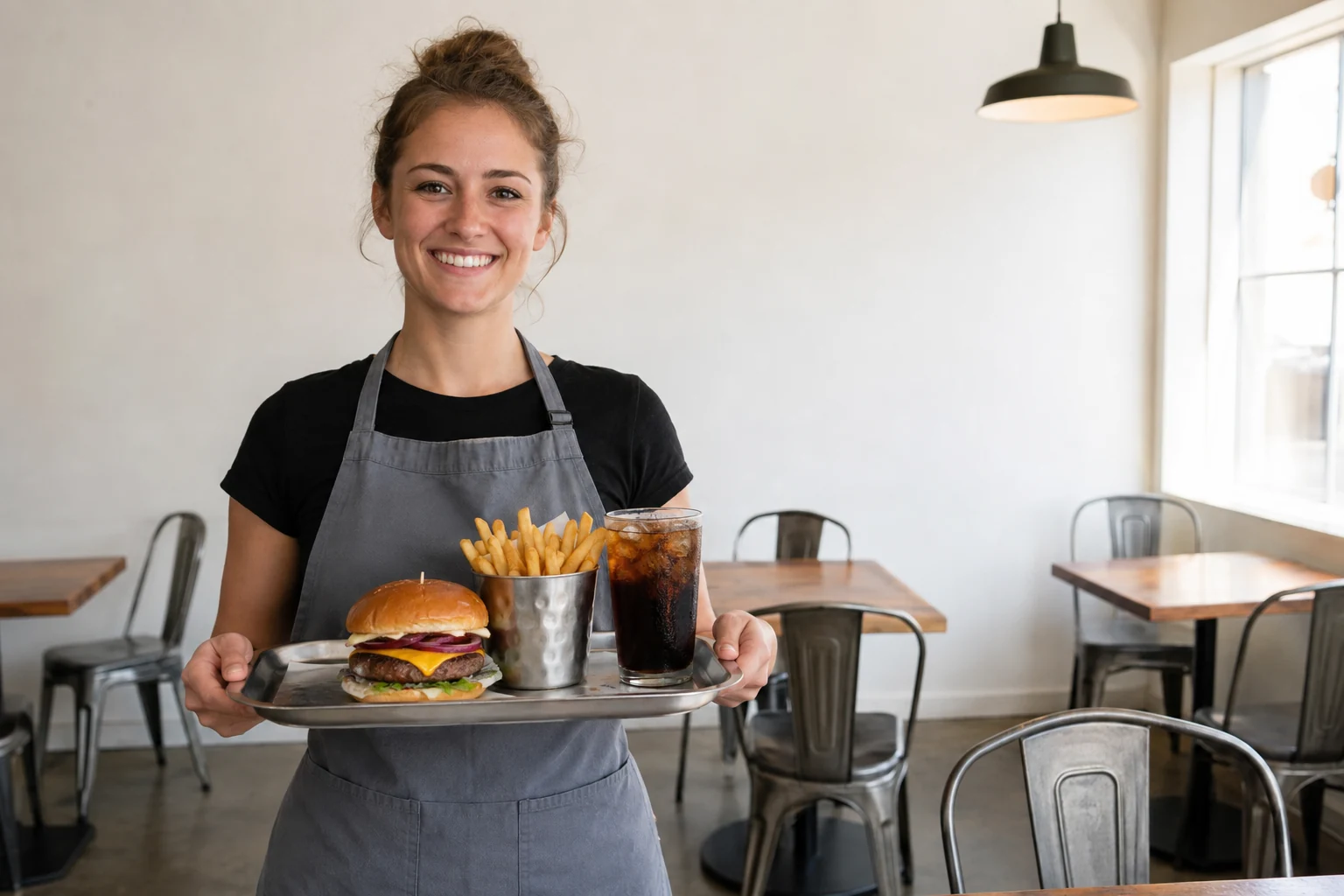 Aproned server presenting a tray of appetizing burger.