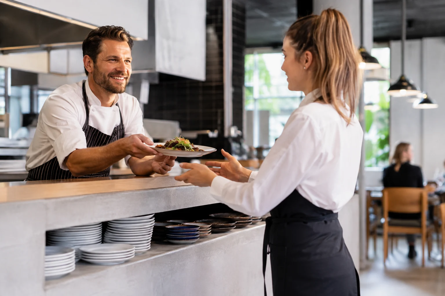 Chef presenting a freshly finished plate to waiting server at pass.