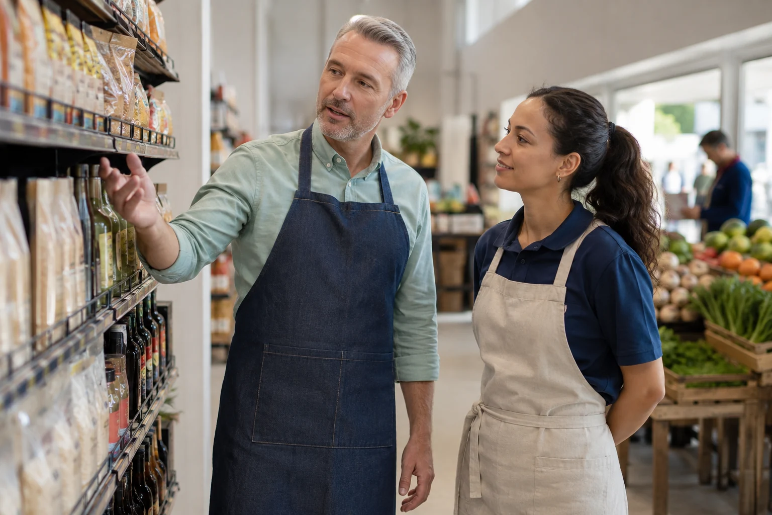 Grocery manager reviewing neatly stocked front-of-store shelves alongside employee.