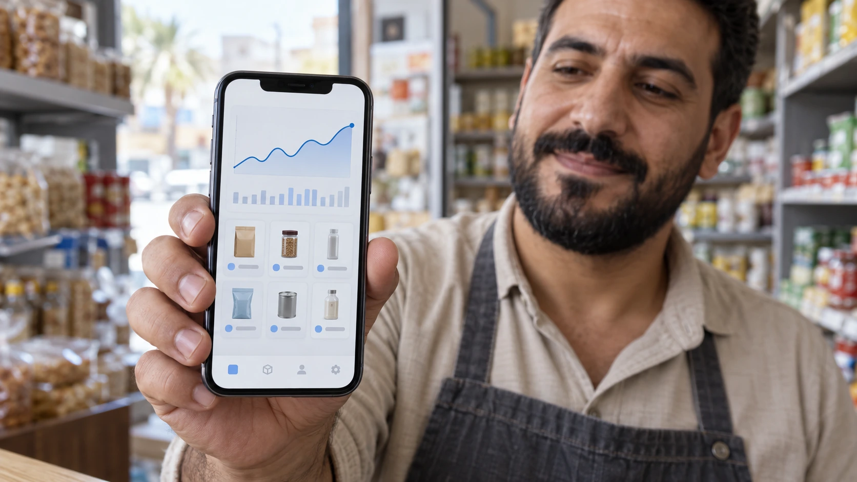 A shop owner holding a phone with sales charts and an inventory wireframe in a retail store.