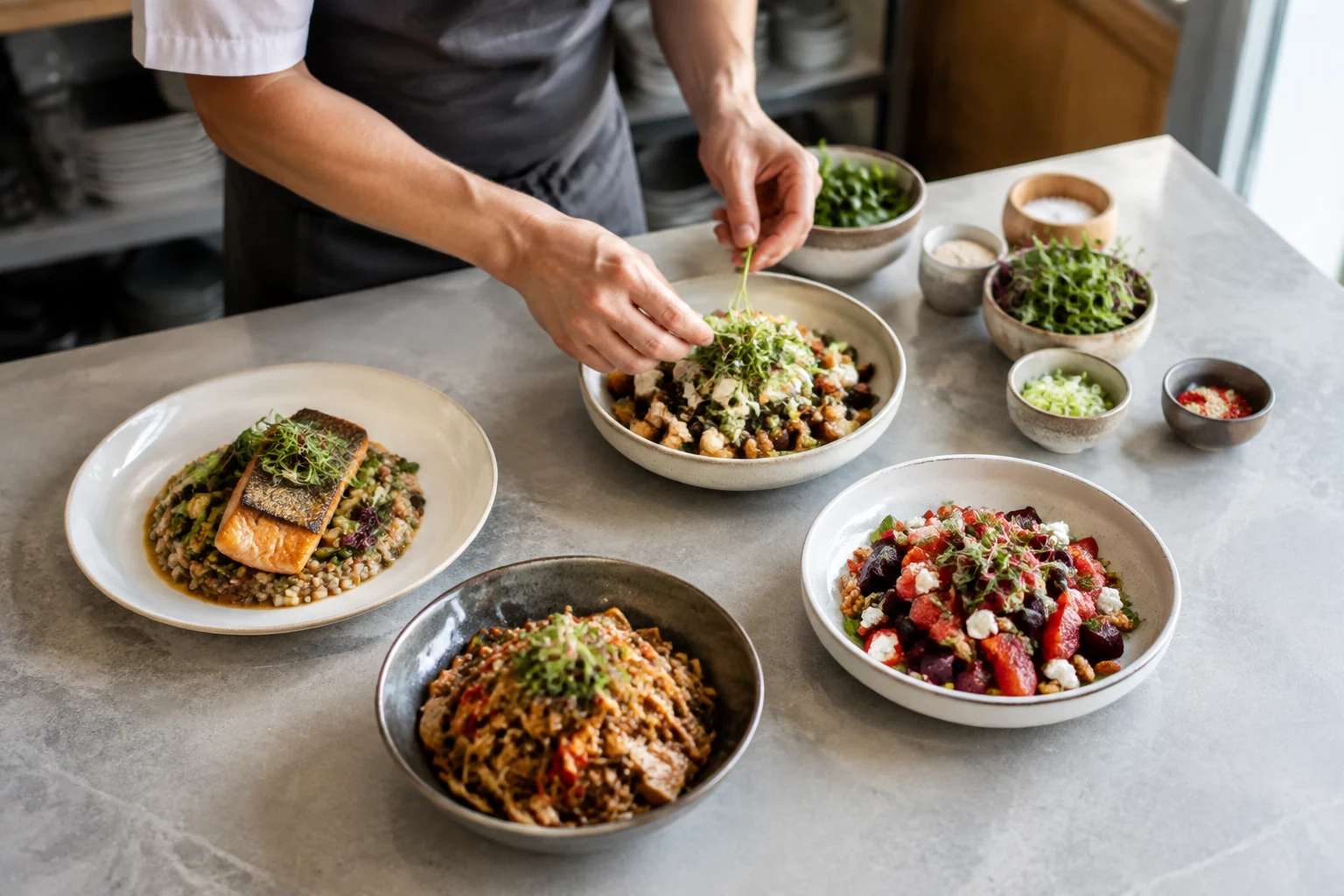 Overhead professional prep counter with four distinct completed dishes and small ingredient bowls.