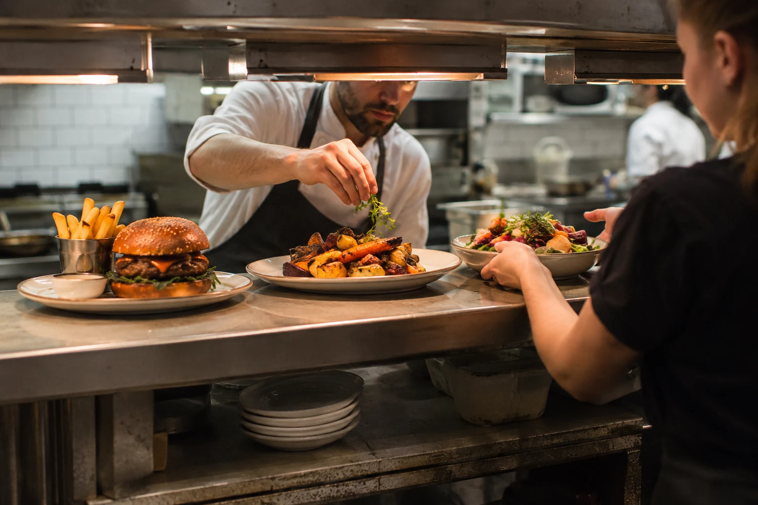 Chef garnishing meals as a server collects a plate at the kitchen pass