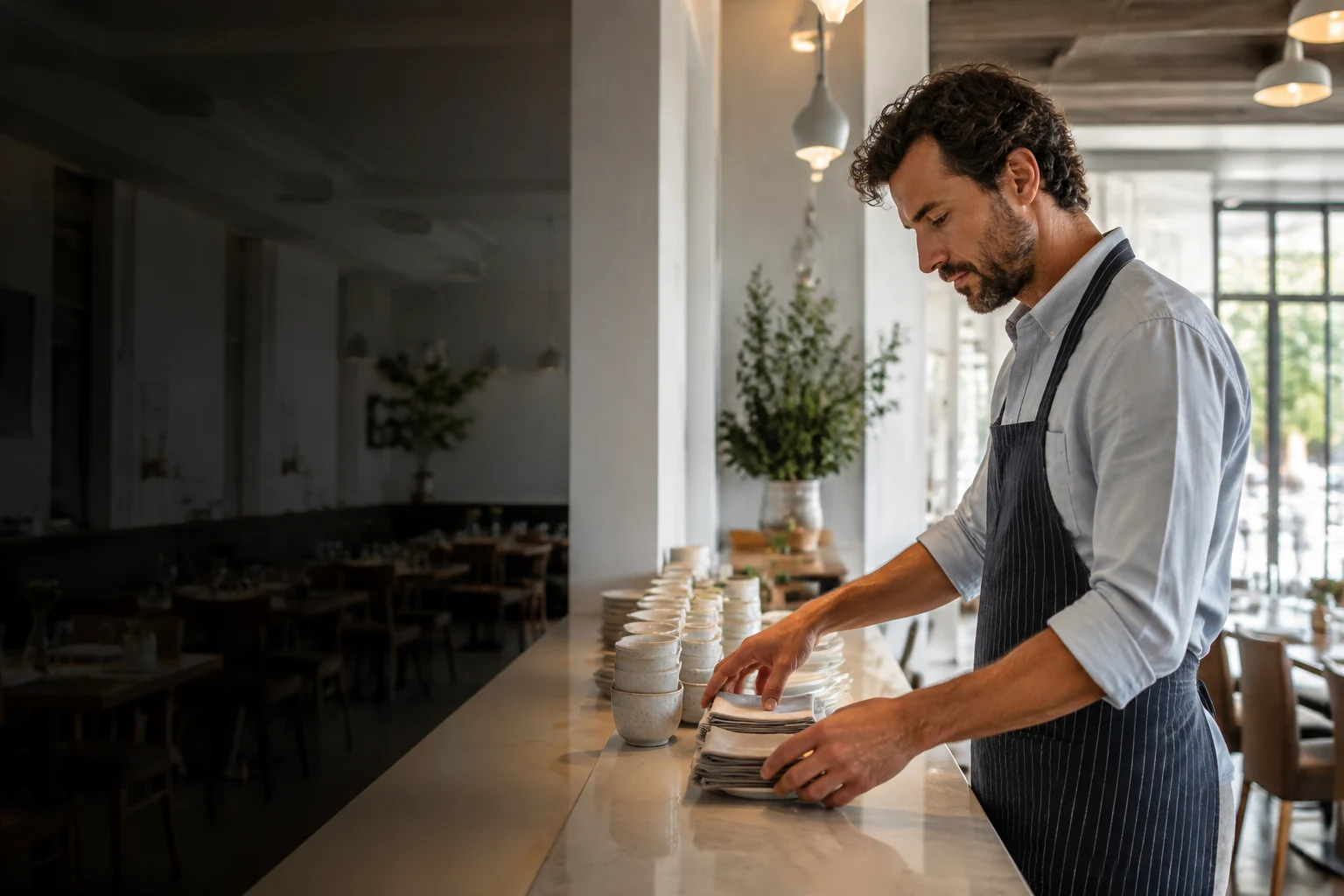 A restaurant manager preparing cups and napkins on a counter