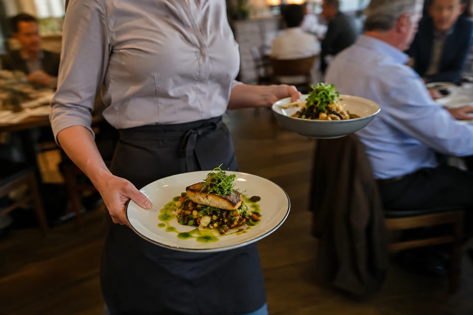 A restaurant server carrying two freshly prepared meals