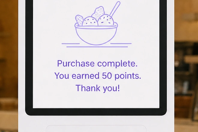 A close-up of the Trilogy kiosk confirming a completed purchase and 50 reward points earned.