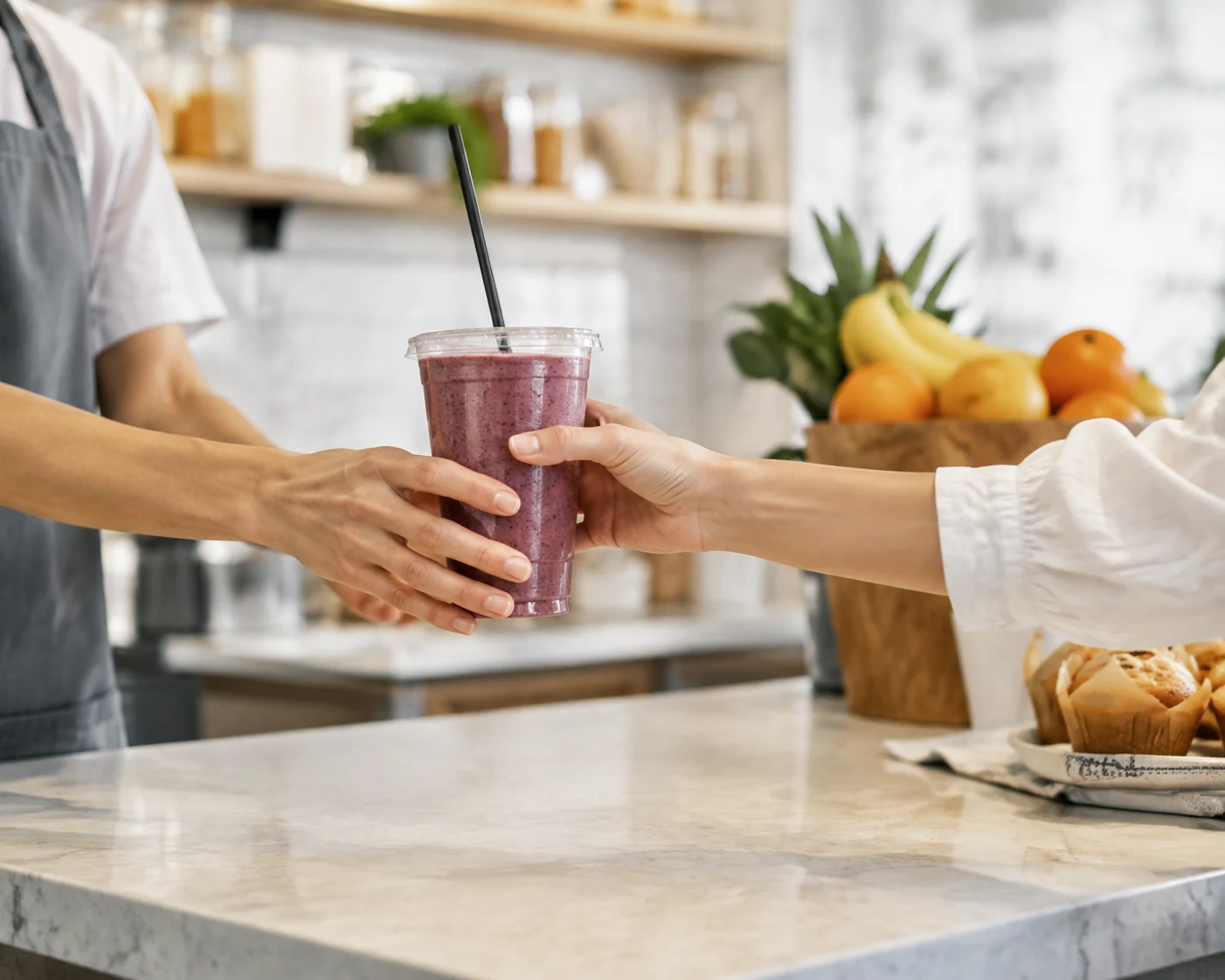 Close hands passing a fresh berry smoothie across light stone cafe counter.