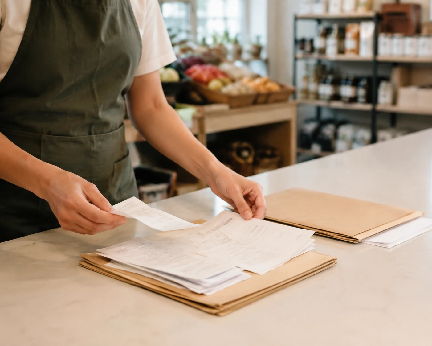 Close hands organizing receipts and plain accounting folders on a clean light desk.